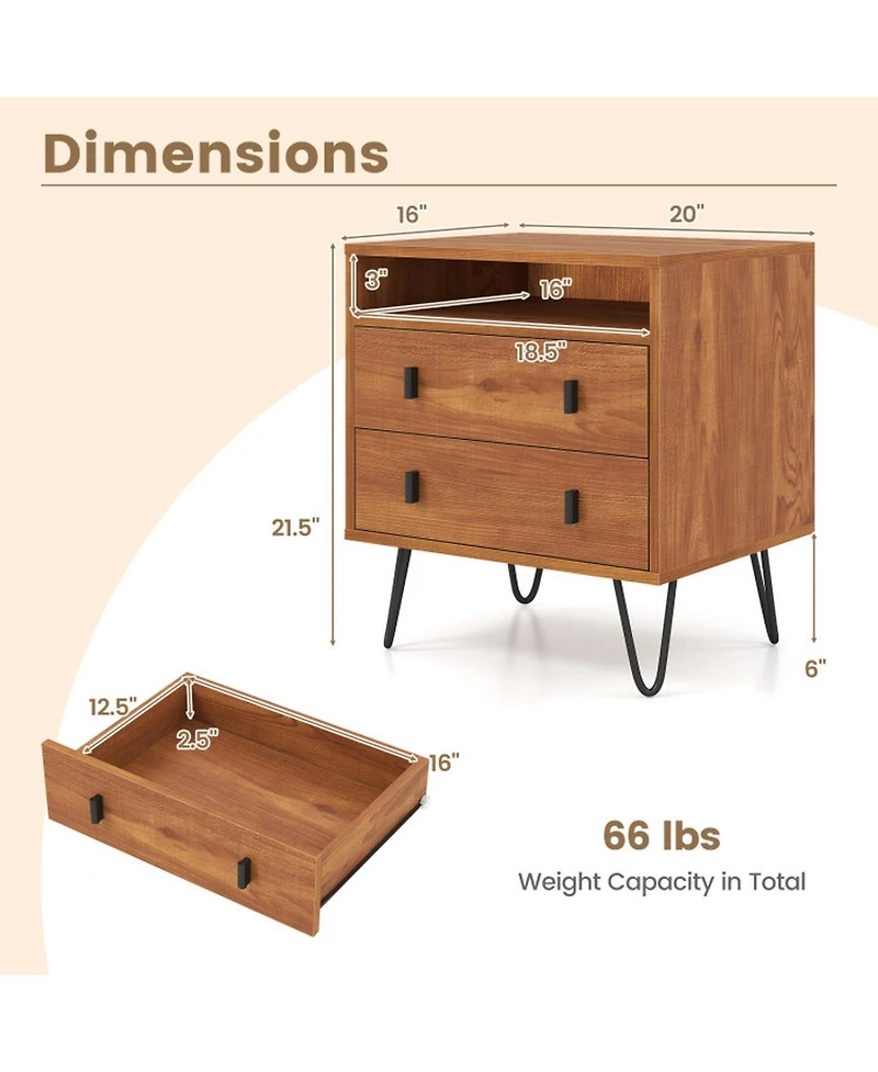 Gouun Mid-Century Modern 2-Drawer Nightstand with Open Storage Compartment