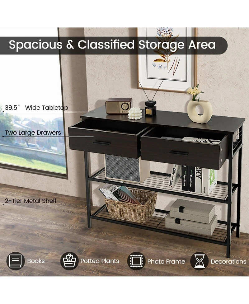 Gouun 39.5 in Narrow Entryway Console Table with 2 Drawers and Metal Shelves