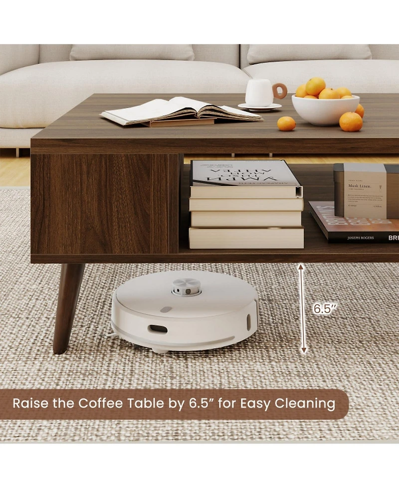 Gouun 42 in Mid-Century Coffee Table with Compartment and Side Shelves