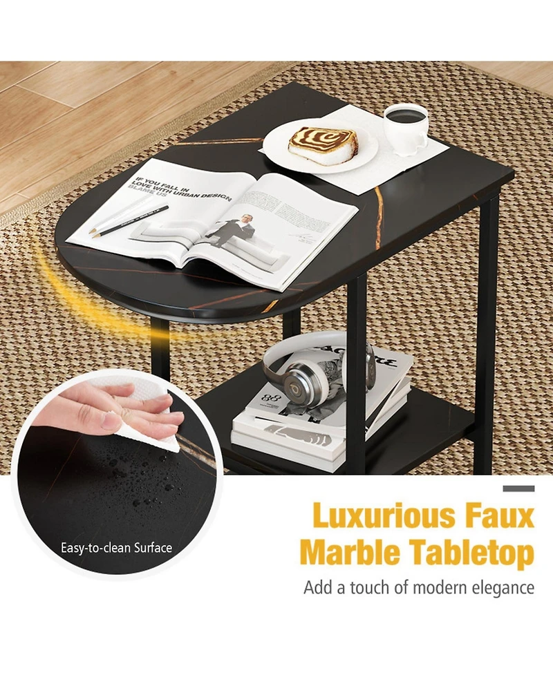 Gouun C-Shaped Modern Sofa Side Table with Faux Marble Top and Storage Shelf