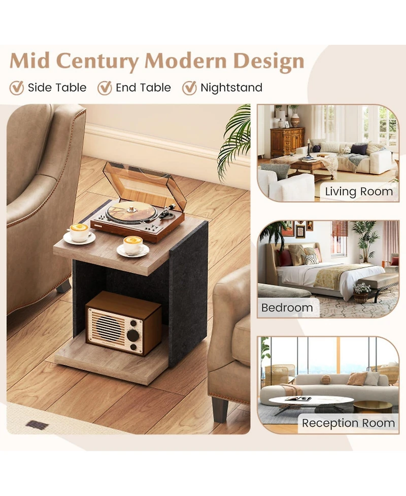 Gouun 16.5 in Mid-Century 2-Tier End Table with Open Storage Shelf, Oak