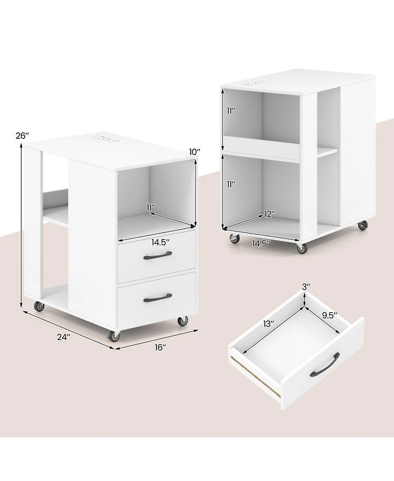 Gouun End Table with Built-In Charging Station, 2 Drawers and Locking Wheels