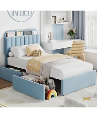 gaomonUpholstered Platform Bed with Storage Headboard and 2 Drawers- Boucle Fabric- Bookcase- Easy Assembly- No Box Spring Needed