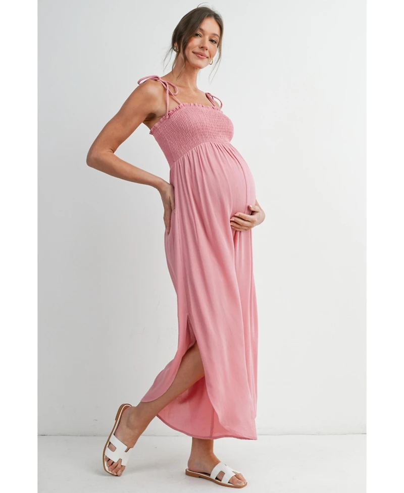 Hello Miz Maternity Smocked Wide-Leg Jumpsuit with Tie Shoulders and Side Slit