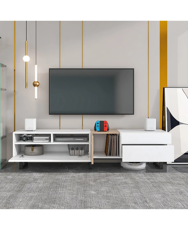 Rainsken Modern Wooden Media Console for 80 Inch Tvs, Entertainment Center with Dual Storage and Drop Down Door, TV Stand for Living Room