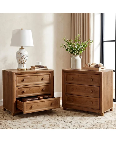 Tribesigns Solid Wood Nightstand with 3 Drawers Set of 2, 31.5 Wide Bedside Table with Round Wooden Knobs and Low-Profile Legs