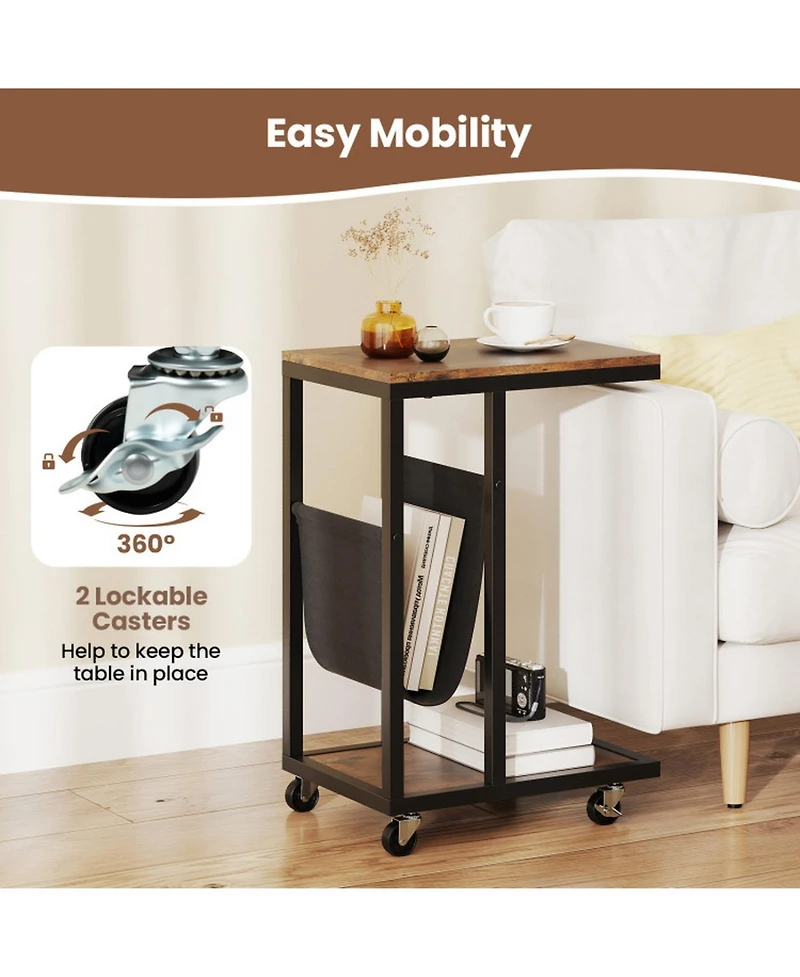 Gouun C-Shaped Side Table with Canvas Storage Pouch and Rolling Casters