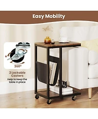 Gouun C-Shaped Side Table with Canvas Storage Pouch and Rolling Casters
