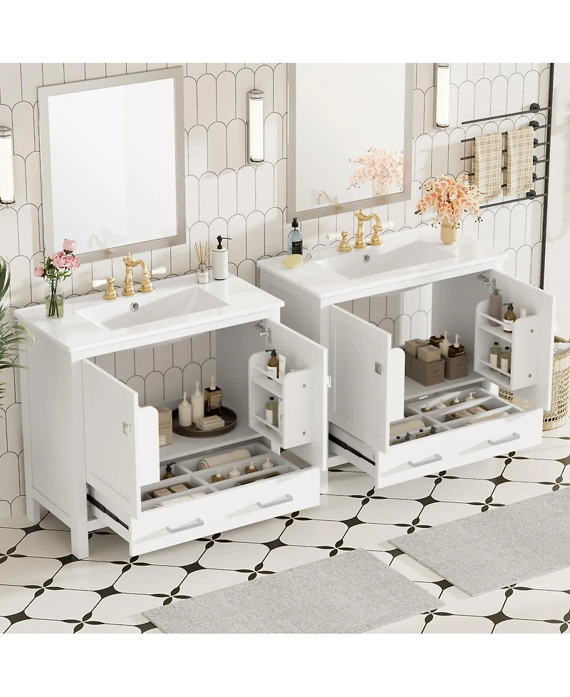 Sillysis 72 Inch Double Bathroom Vanity Set with Ceramic Sinks, Solid Wood Cabinet, Ample Storage and Soft Close Doors, Modern Freestanding