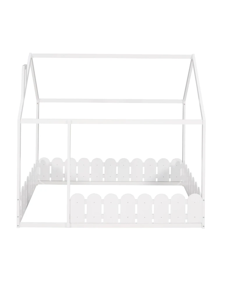 flynama Full Size Wood House Bed Frame with Surrounding Fence Roof Design for Kids Teens Boys and Girls