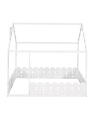 flynama Full Size Wood House Bed Frame with Surrounding Fence Roof Design for Kids Teens Boys and Girls