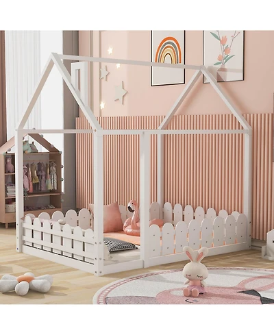 flynama Full Size Wood House Bed Frame with Surrounding Fence Roof Design for Kids Teens Boys and Girls