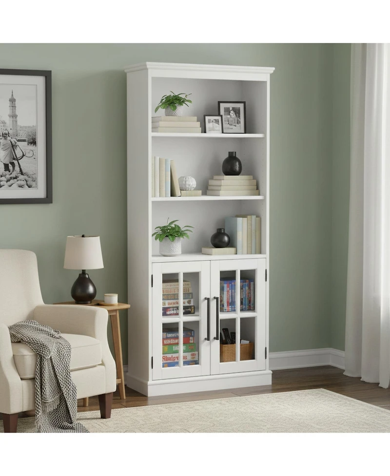 Yigii Tall 5 Shelf Bookcase Glass Doors Modern Farmhouse Storage Living Room Office