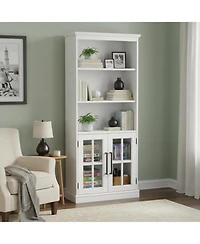 Yigii Tall 5 Shelf Bookcase Glass Doors Modern Farmhouse Storage Living Room Office