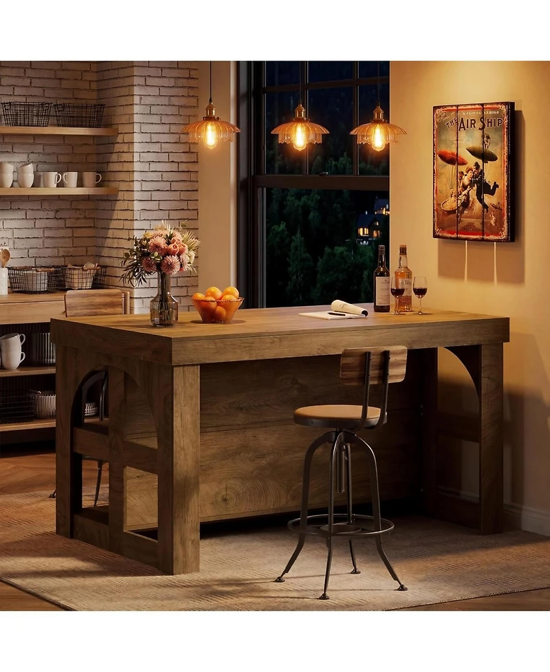 Tribesigns Kitchen Island with Storage, 55-Inch Large Stationary Center Island with 3 Shelves and Seating Space, Farmhouse Wooden Bar Table