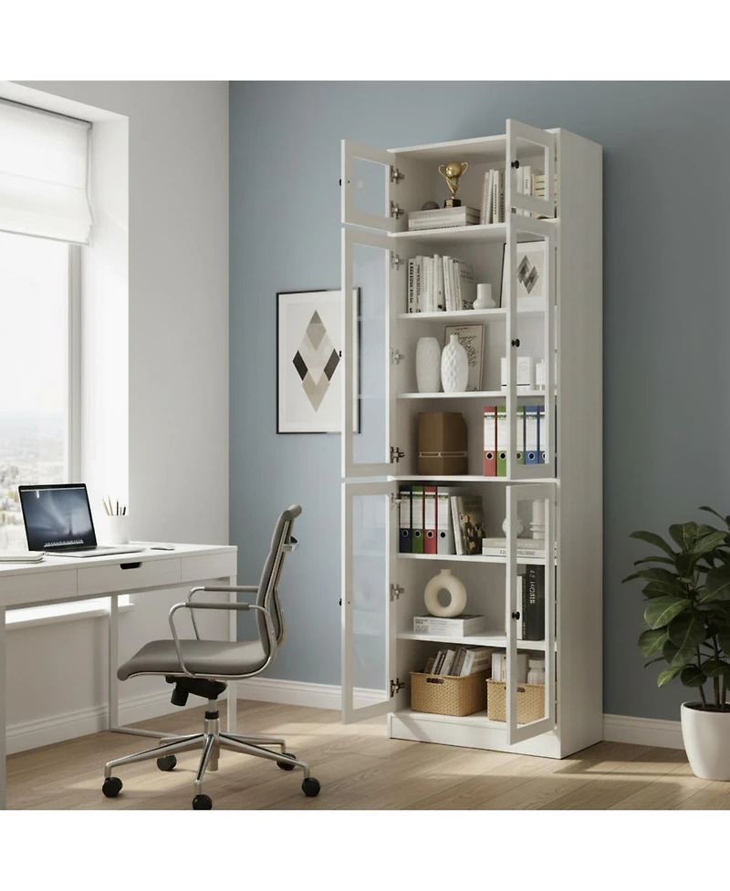 Yigii 85.5" H 7 Tier Bookshelf with Glass Doors White Large Storage Bookcase for Living Room Office