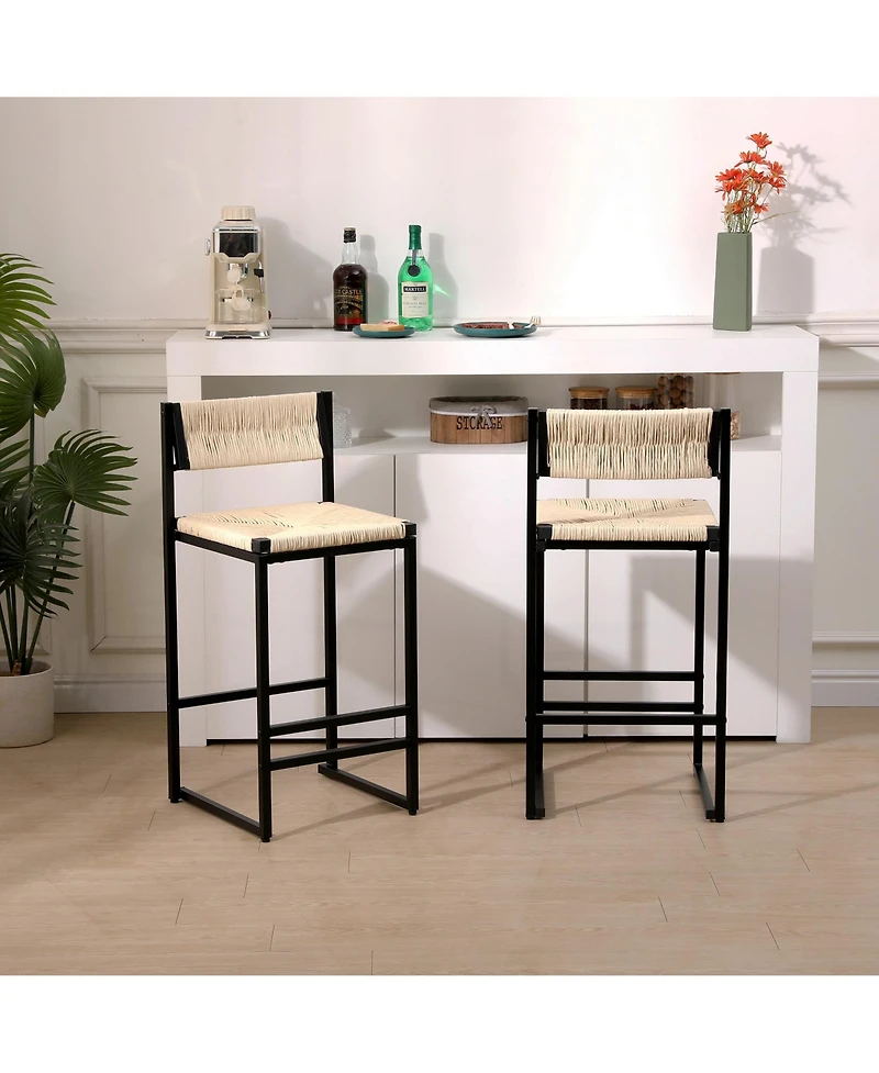 Rainsken Paper Rope Woven Bar Stools Set of 2, Modern Counter Height Chairs with Metal Frame and Footrest for Kitchen Island