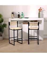 Rainsken Paper Rope Woven Bar Stools Set of 2, Modern Counter Height Chairs with Metal Frame and Footrest for Kitchen Island