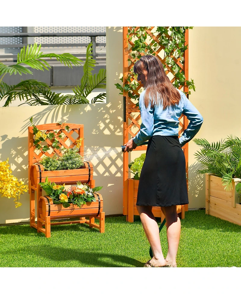 Gymax 2-Tier Wooden Raised Garden Bed Container w/2 Cylindrical Planter Boxes and Trellis