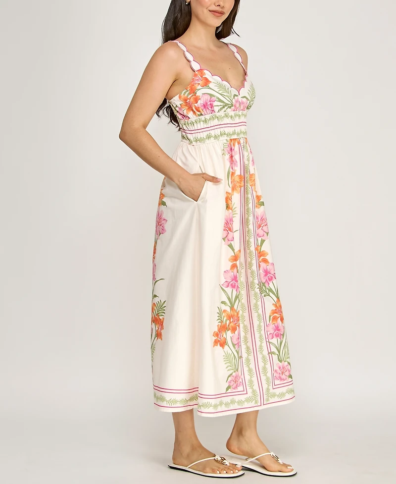 Row A Juniors' Sleeveless Scallop Strap Ruched Waist Midi Dress