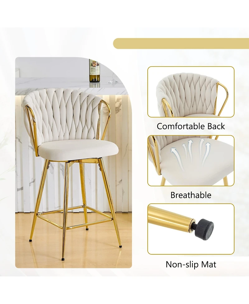 Rainsken Velvet Bar Stool set Swivel Counter Height Chairs with Metal Frame and Woven Rope Backrest for Kitchen Island