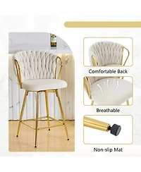 Rainsken Velvet Bar Stool set Swivel Counter Height Chairs with Metal Frame and Woven Rope Backrest for Kitchen Island