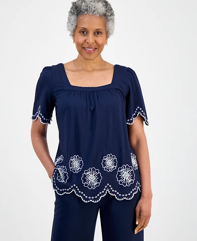 Style & Co Petite Embroidered Scalloped Knit Top, Macy's Exclusive