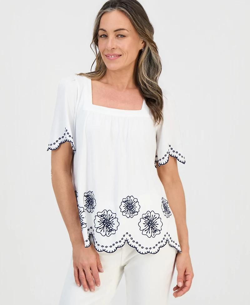 Style & Co Petite Short-Sleeve Scalloped Embroidered Knit Top, Macy's Exclusive