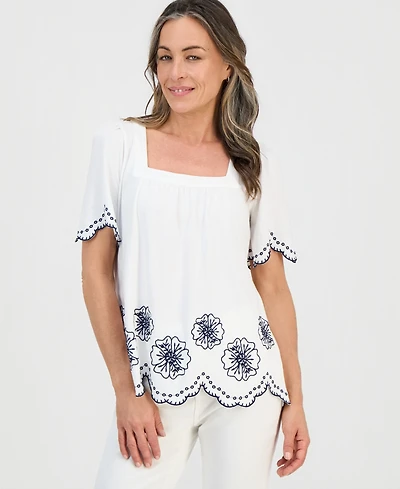 Style & Co Petite Short-Sleeve Scalloped Embroidered Knit Top, Macy's Exclusive