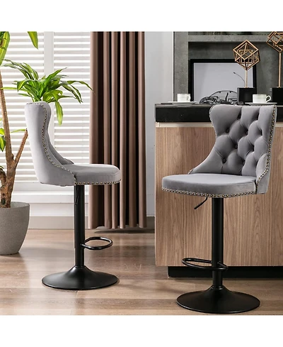 Rainsken Velvet Bar Stools Set Adjustable Swivel Counter Height Chairs Footrest and Nailhead Trim for Home Pub