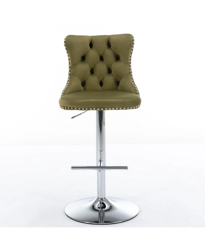 Rainsken Velvet Swivel Bar Stools Set Adjustable Counter Height Chairs with Nailhead Trim and Metal Base for Kitchen Island