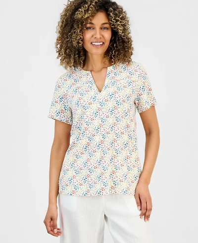Style & Co Petite Floral-Print Short-Sleeve Split-Neck Yoke Top, Macy's Exclusive