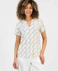 Style & Co Petite Floral-Print Short-Sleeve Split-Neck Yoke Top, Macy's Exclusive