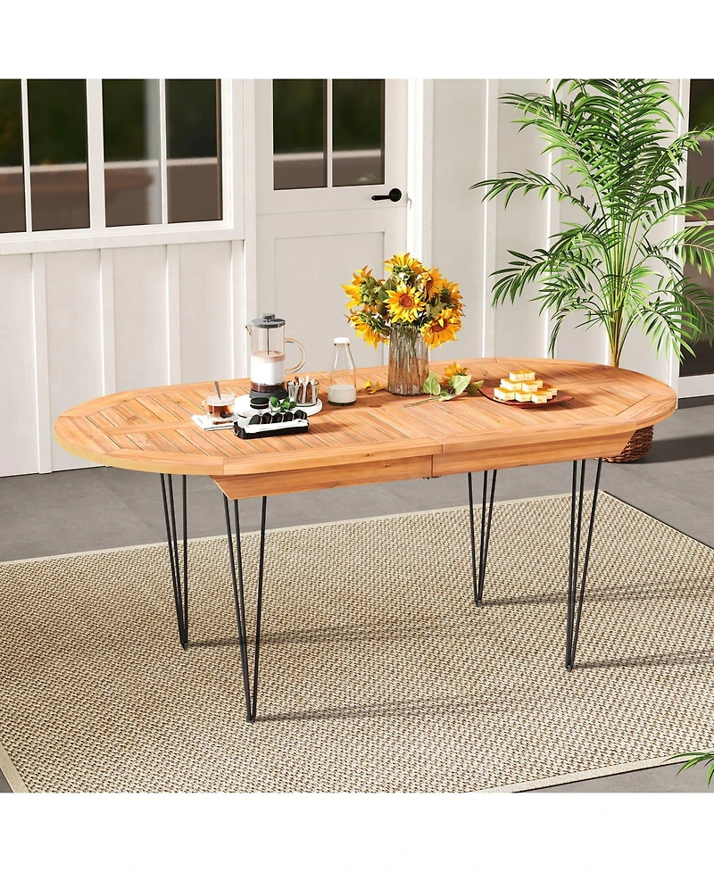 Gymax 71 Patio Dining Table 6 Person Large Oval Table Teak Wood Tabletop