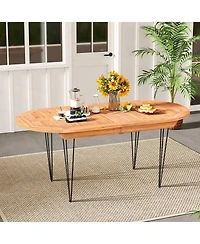 Gymax 71 Patio Dining Table 6 Person Large Oval Table Teak Wood Tabletop
