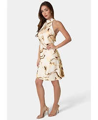 Bebe Women's Animal Satin Mock Neck Dress with Bow Back