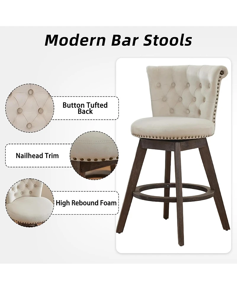 Rainsken 360° Swivel Bar Stools Set of 2, Velvet Counter Height Chairs with Curved Backrest, Nailhead Trim and Solid Wood Legs for Kitchen Island
