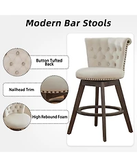 Rainsken 360° Swivel Bar Stools Set of 2, Velvet Counter Height Chairs with Curved Backrest, Nailhead Trim and Solid Wood Legs for Kitchen Island