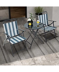 Gymax 3 Pieces Patio Folding Chair Set w/ 2 Chairs and Glass Round Coffee Table Porch Deck Backyard