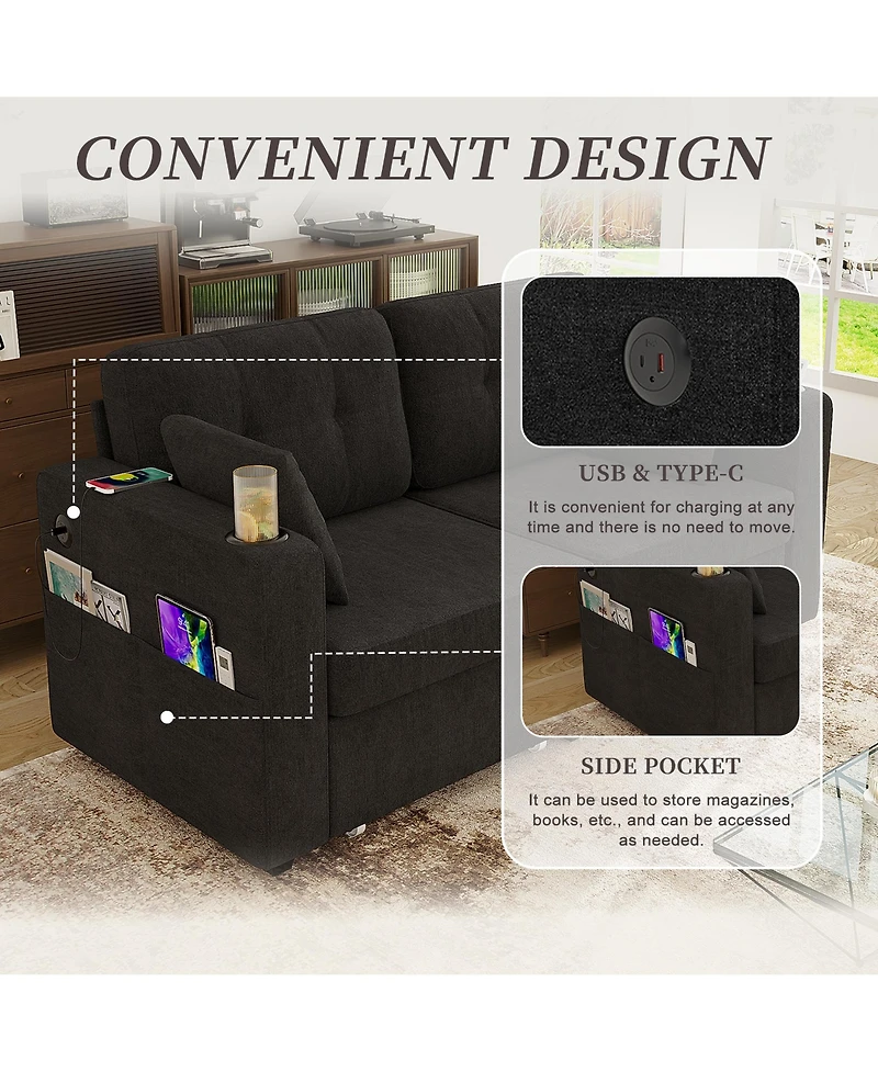 Rainsken Modern 2-Seater Chenille Couch, 67 Inch Loveseat Sofa with Usb Ports, Cup Holders, Storage and Solid Wood Frame for Living Room