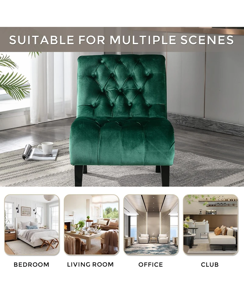 Rainsken Modern Velvet Accent Chair, Upholstered Fabric Button Reading Chaise with Tufted Back, Wooden Legs, Rolled Edge Design for Living Room