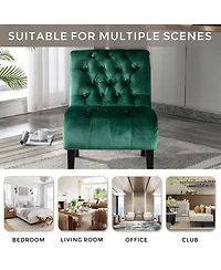 Rainsken Modern Velvet Accent Chair, Upholstered Fabric Button Reading Chaise with Tufted Back, Wooden Legs, Rolled Edge Design for Living Room