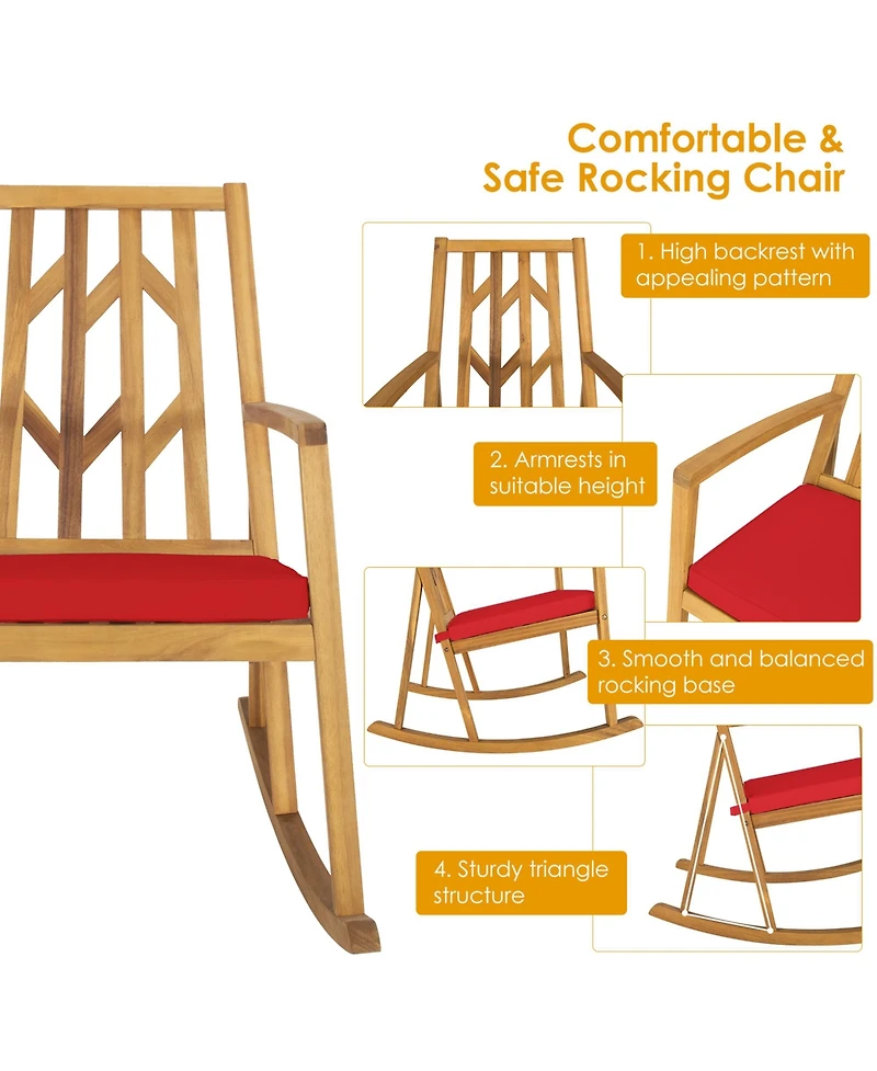 Gymax Set of 2 Outdoor Acacia Wood Rocking Chair Wooden Patio Rocker w/ Cushion