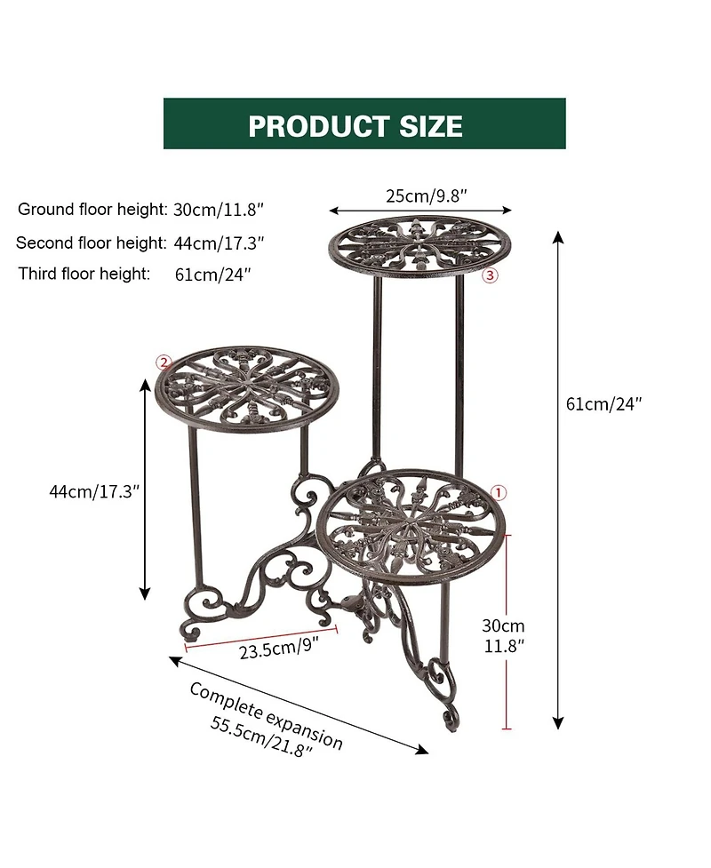 Yigii 3 Tier Cast Iron Plant Stand Foldable Rustic Metal Shelf 24in Tall Indoor Outdoor Flower Pot Holder Display Rack