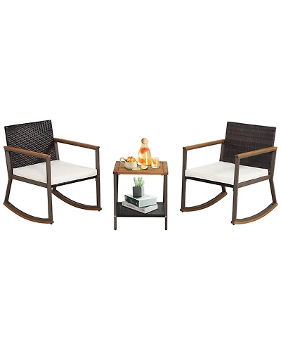 Gymax 3PCS Patio Rattan Rocking Chair Bistro Set Armrest Cushion Table w/ Storage Shelf