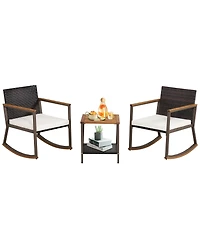 Gymax 3PCS Patio Rattan Rocking Chair Bistro Set Armrest Cushion Table w/ Storage Shelf