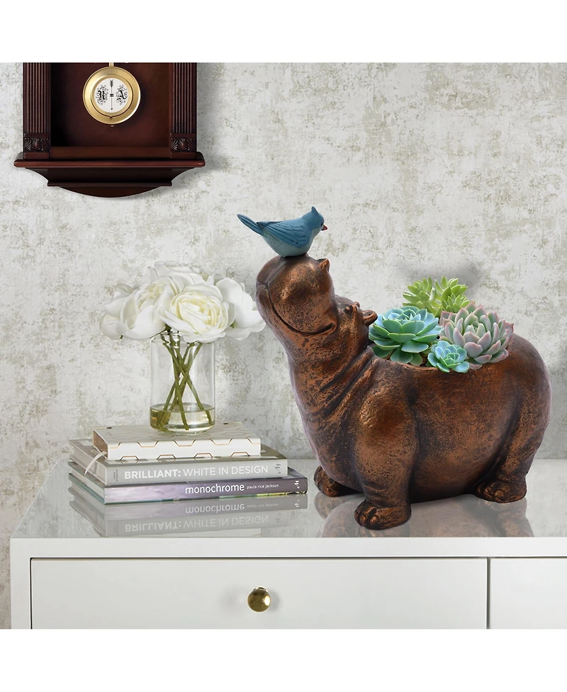 LuxenHome Brown Hippo and Blue Bird MgO Flower Pot Planter