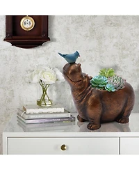 LuxenHome Brown Hippo and Blue Bird MgO Flower Pot Planter