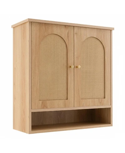 Yigii Bathroom Wall Cabinet with 2 Rattan Doors Open Shelf Heavy Duty Storage for Kitchen Living Room Entryway