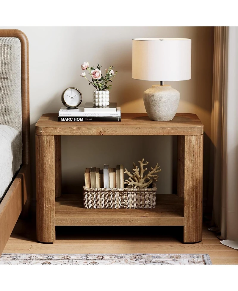 Tribesigns Solid Wood End Table Set of 2, Farmhouse Side Table with 2-Tier Storage Shelf, Rectangle Bedside Nightstand, Accent Nightstand